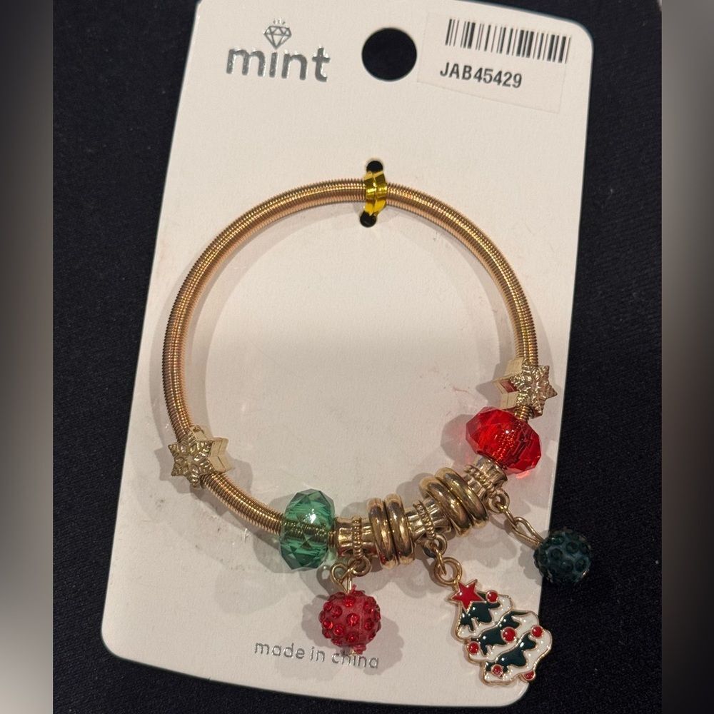 Mint Festive Stretch Christmas Tree Charm Bracelet with Red and Green Accents